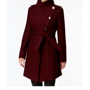 Guess Asymmetrical Belted Wool Wrap Coat - Purple L